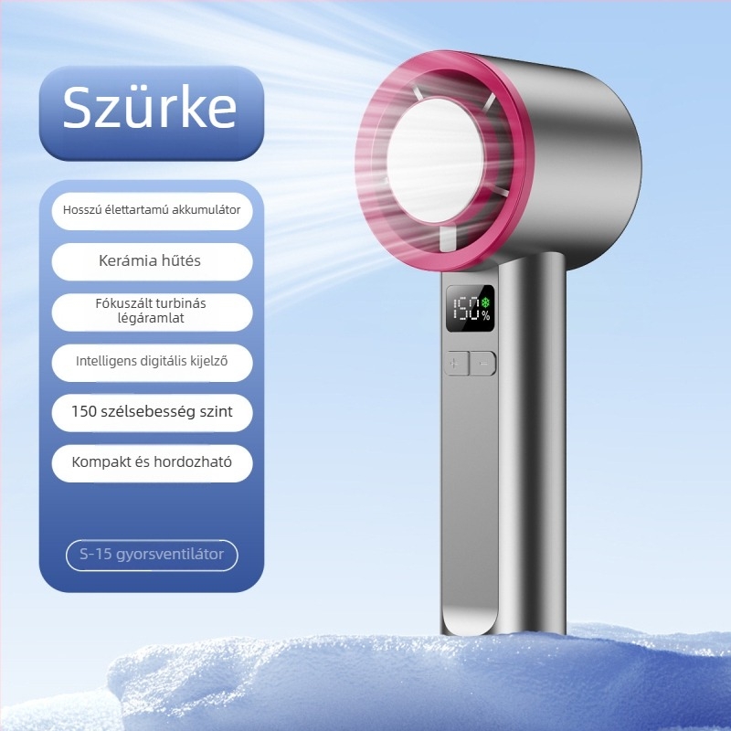 Kézi lapát nélküli turbínás ventillátor hűtési funkcióval, 6+ sebesség, beépített 2000–4000mAh akkumulátor, USB töltés, halk