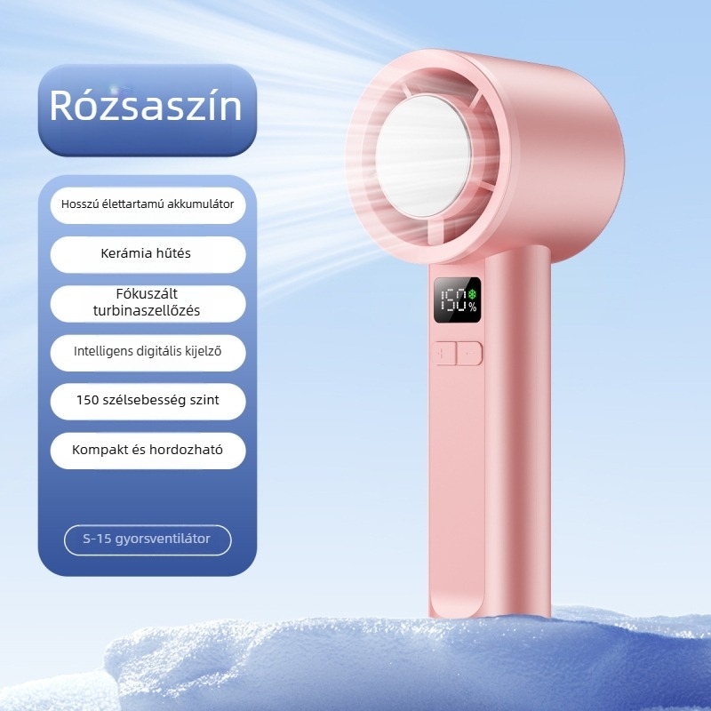 Kézi lapát nélküli turbínás ventillátor hűtési funkcióval, 6+ sebesség, beépített 2000–4000mAh akkumulátor, USB töltés, halk