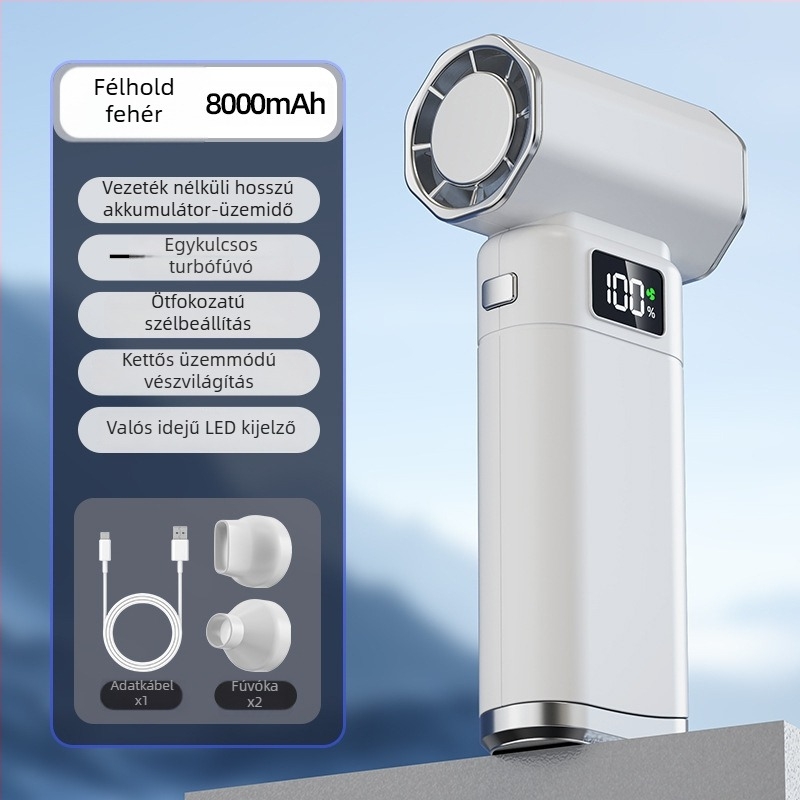 Kézben tartható brushless motoros turbóventilátor, nagy sebességű légáram, pormentesítés, víz- és hófújás, kemping, kompakt