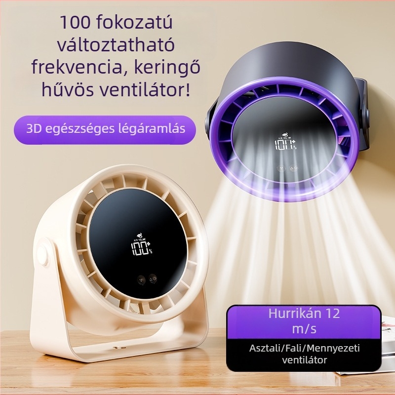 Asztali USB-s újratölthető ventilátor, falra szerelhető, csendes, irodai és otthoni használatra, nagy sebességű turbó légáramlattal