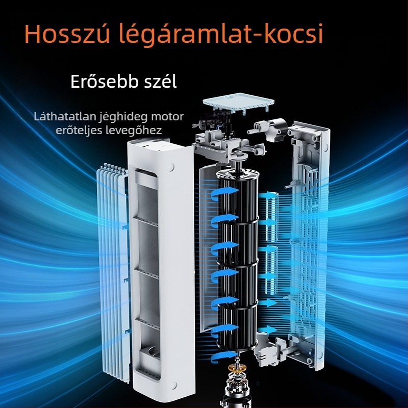Levél nélküli toronyventilátor, hordozható USB-s tápellátás, asztali vagy falra szerelhető, forgó fej, természetes szél, 5V/7W, beépített 2000–4000 mAh akkumulátor, távirányító, üzemidő 6–8 óra
