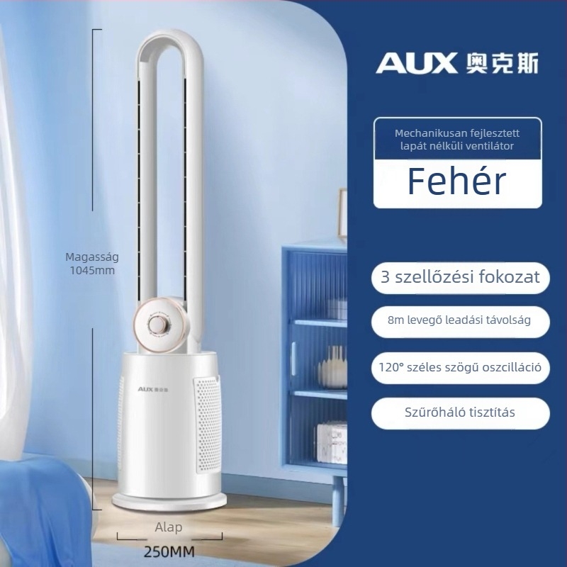 Bladeless padló- és asztali ventilátor oszcilláló fejjel – 60W, 220V, 36–45 dB, 3 sebesség, 21–30 m²-re