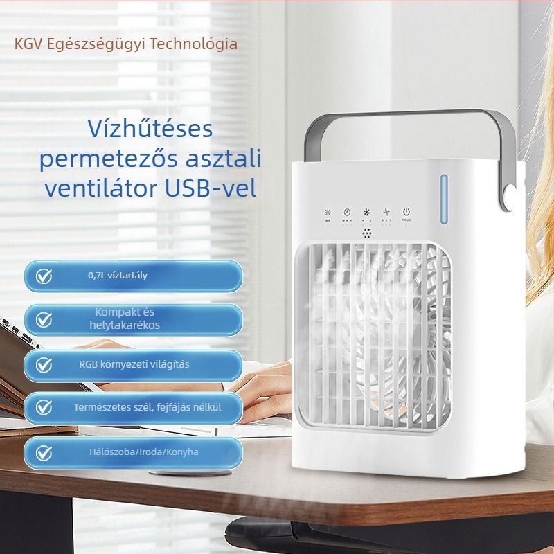 Mini hordozható permetező vízhűtő ventilátor nedvesítés és atomizálás funkcióval — AC tápegység, brushless motor, 700 ml víztartály, 3 sebességfokozat, asztali ventilátor