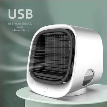 Vízhűtéses asztali ventilátor otthonra és irodába, csendes működés, brushless motor, USB 5V/2W, zaj <36 dB, 10 m² hatókör, 3 sebesség