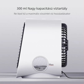 Vízhűtéses asztali ventilátor otthonra és irodába, csendes működés, brushless motor, USB 5V/2W, zaj <36 dB, 10 m² hatókör, 3 sebesség