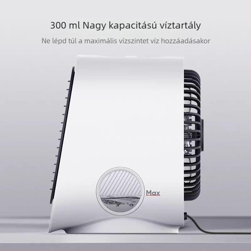 Vízhűtéses asztali ventilátor otthonra és irodába, csendes működés, brushless motor, USB 5V/2W, zaj <36 dB, 10 m² hatókör, 3 sebesség