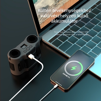 Övbe helyezhető ventillátor két légkimenettel — USB töltés, beépített 6000mAh akkumulátor, hordozható, brushless motor