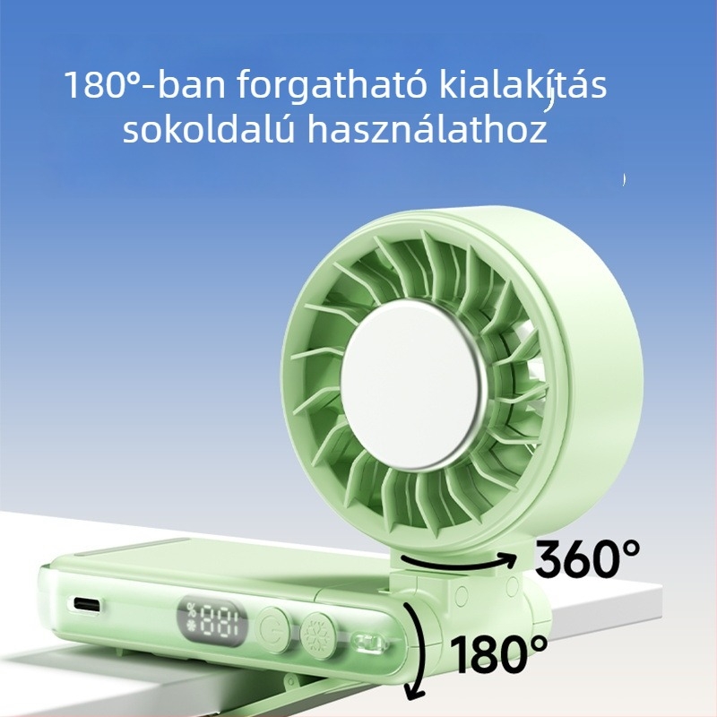 Kézben tartható bladeless ventilátor klipszes nyakra akasztható kivitelben, összecsukható, USB újratölthető, 2000–4000 mAh akkumulátor, brushless motor, 5 sebesség