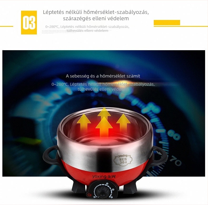 Elektromos forró edény, multifunkcionális, rozsdamentes acélból, 800W, 220V, belső edény 304 rozsdamentes acél, szárazra égés elleni védelem, mechanikus vezérlés