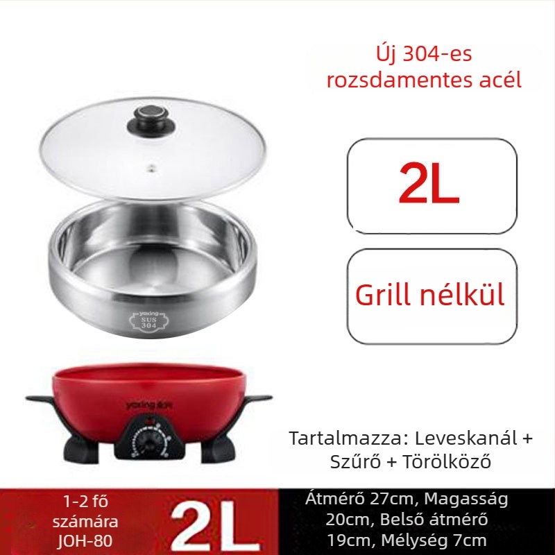 Elektromos forró edény, multifunkcionális, rozsdamentes acélból, 800W, 220V, belső edény 304 rozsdamentes acél, szárazra égés elleni védelem, mechanikus vezérlés
