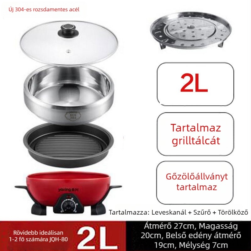 Elektromos forró edény, multifunkcionális, rozsdamentes acélból, 800W, 220V, belső edény 304 rozsdamentes acél, szárazra égés elleni védelem, mechanikus vezérlés