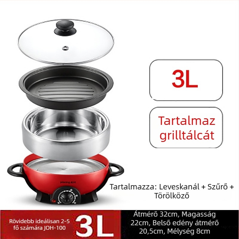 Elektromos forró edény, multifunkcionális, rozsdamentes acélból, 800W, 220V, belső edény 304 rozsdamentes acél, szárazra égés elleni védelem, mechanikus vezérlés