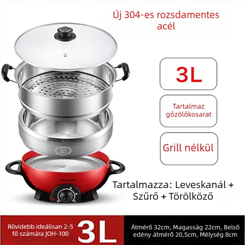 Elektromos forró edény, multifunkcionális, rozsdamentes acélból, 800W, 220V, belső edény 304 rozsdamentes acél, szárazra égés elleni védelem, mechanikus vezérlés