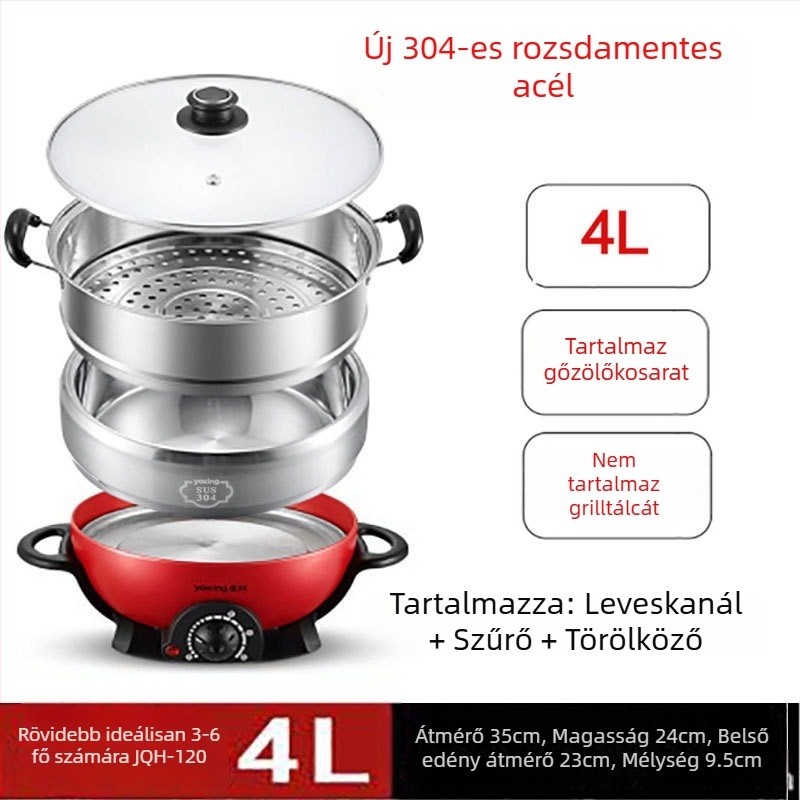 Elektromos forró edény, multifunkcionális, rozsdamentes acélból, 800W, 220V, belső edény 304 rozsdamentes acél, szárazra égés elleni védelem, mechanikus vezérlés