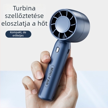 Kézi USB töltésű bladeless ventilátor, kompakt asztali kivitel, beépített 500–800 mAh akkumulátor, 3 sebesség, zaj < 36 dB