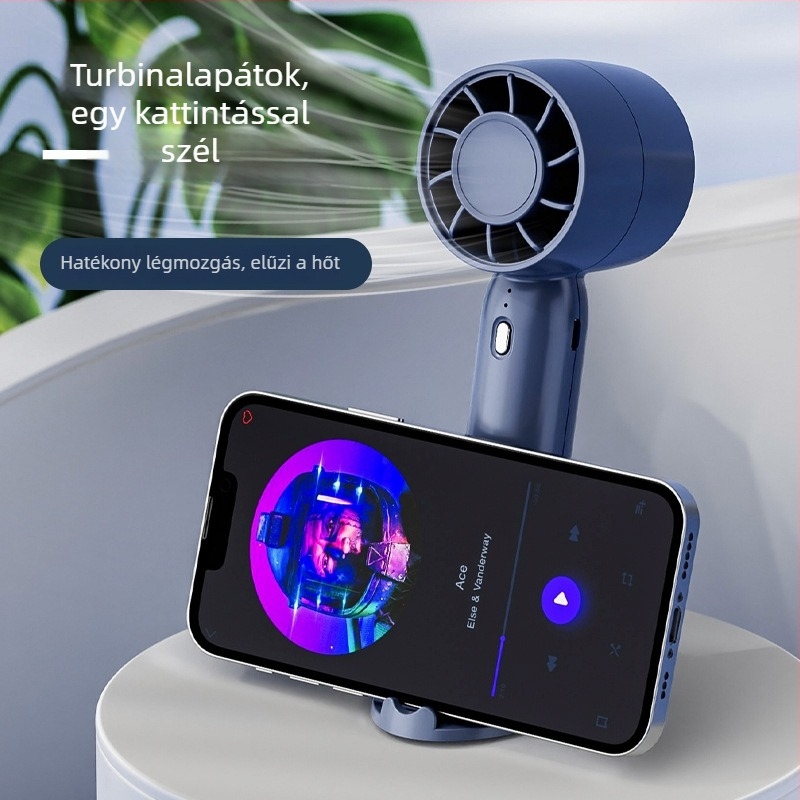 Kézi USB töltésű bladeless ventilátor, kompakt asztali kivitel, beépített 500–800 mAh akkumulátor, 3 sebesség, zaj < 36 dB