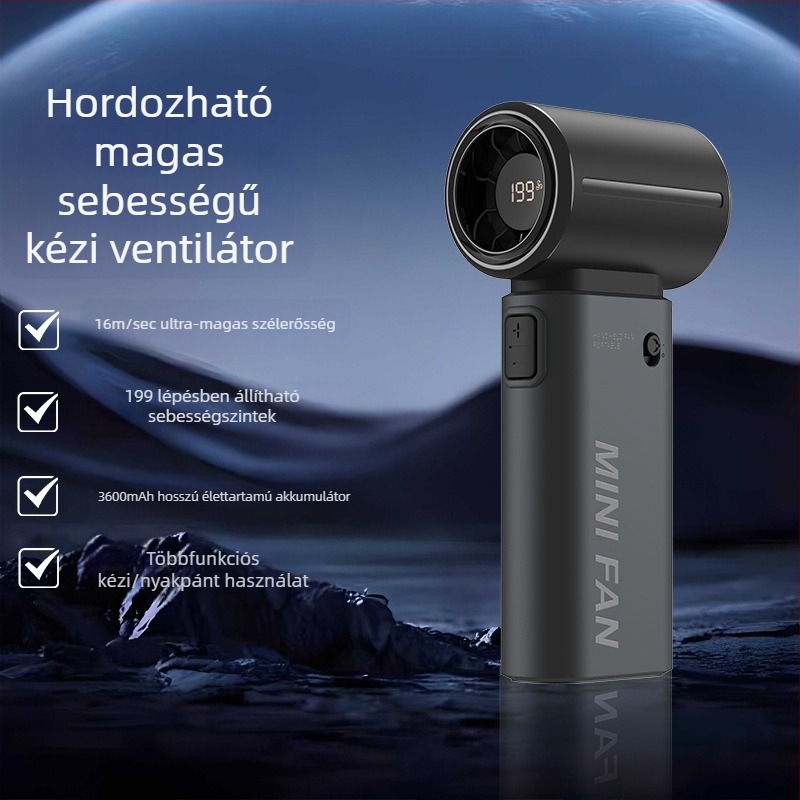 Kézben tartott ventillátor beépített akkumulátorral 2000–4000 mAh, USB töltés, 5 sebesség, zaj < 36 dB, brushless motor, kompakt, zsebméretű kültéri ventilátor