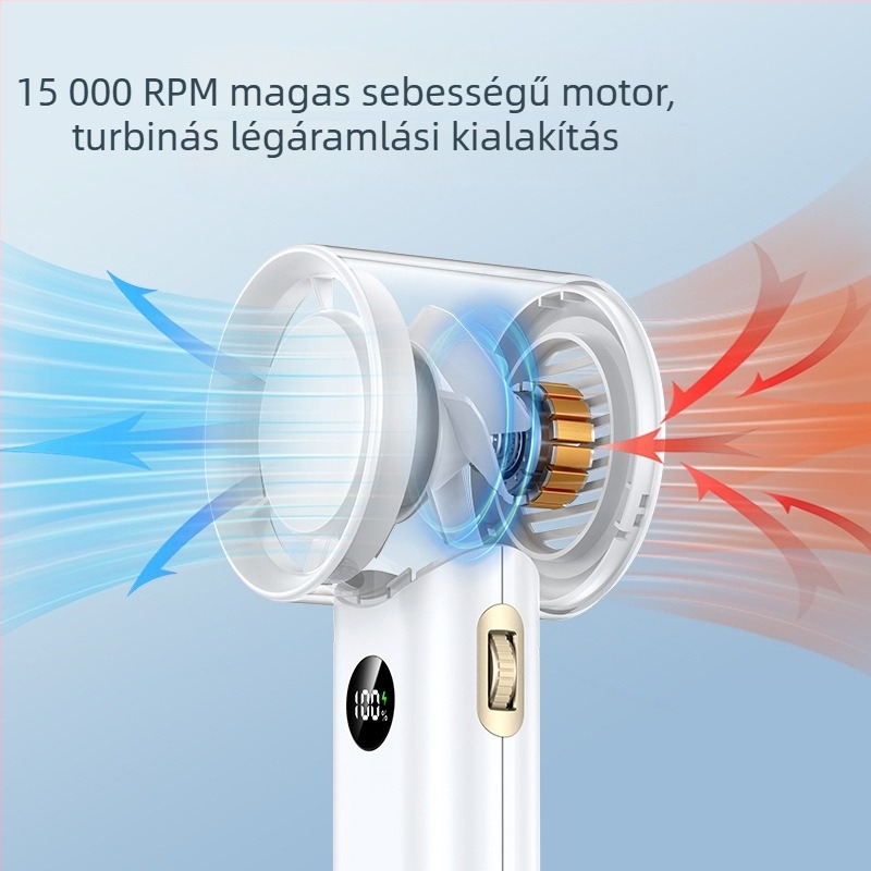Kézben tartható lapát nélküli ventilátor USB táplálással, beépített 2000–4000 mAh akkumulátor, brushless motor, lépésmentes sebességszabályozás
