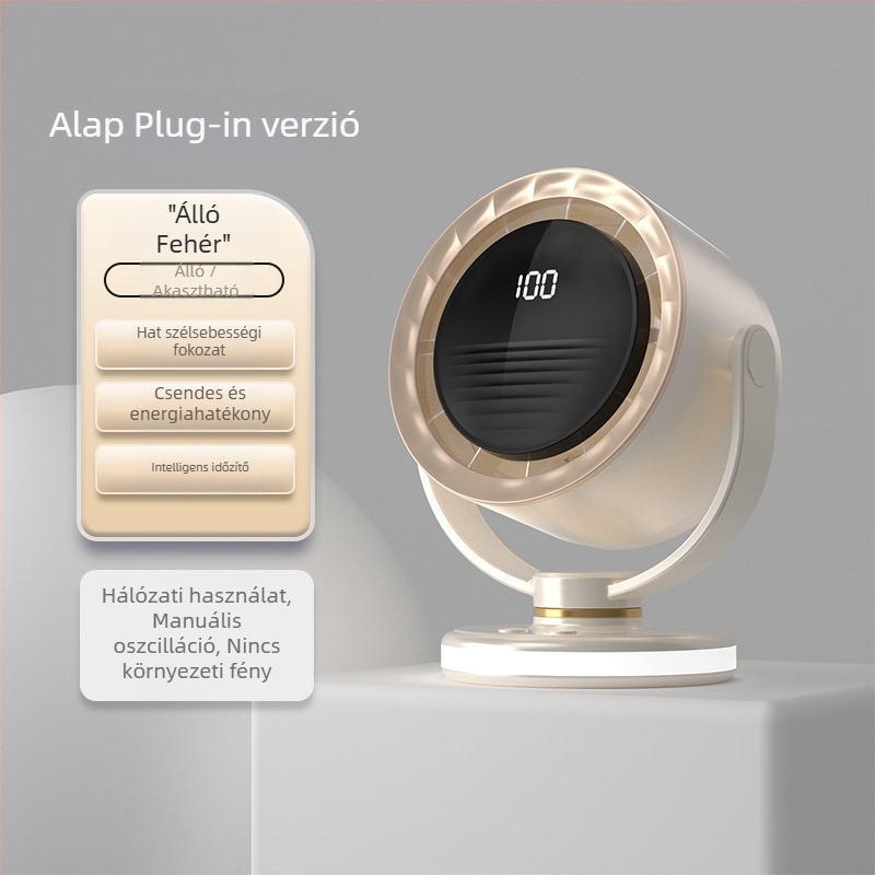 Lopás nélküli USB asztali ventilátor klipszes rögzítésű, hordozható, falra szerelhető, beépített akkumulátor, 6 sebesség