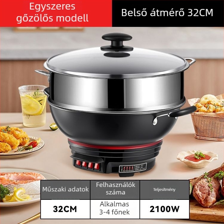 Elektronikus wok tapadásmentes bevonattal, vastagított vasból készült edény, egyben főzés, gőzölés és párolás