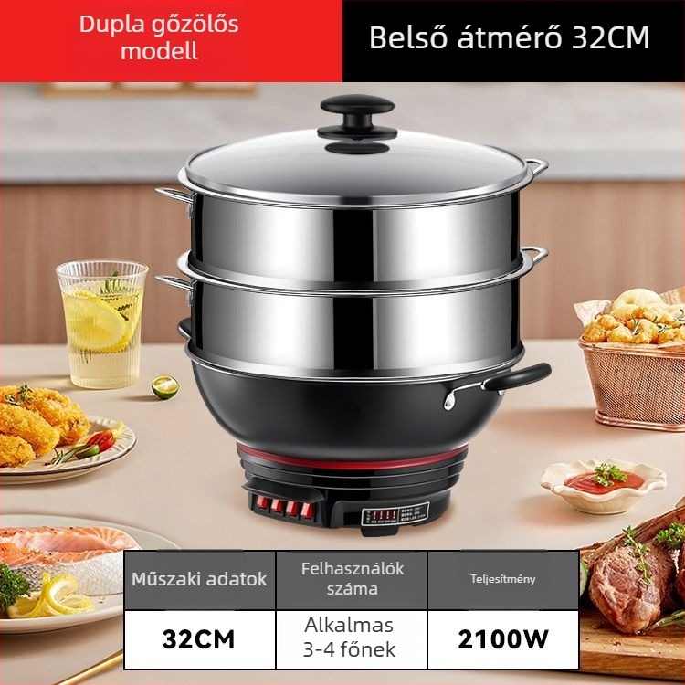 Elektronikus wok tapadásmentes bevonattal, vastagított vasból készült edény, egyben főzés, gőzölés és párolás
