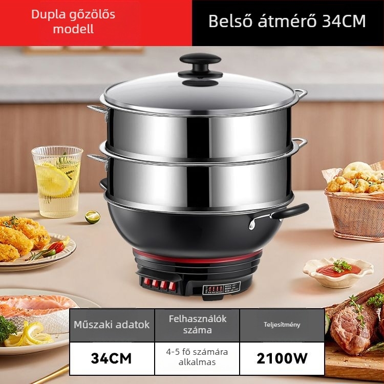 Elektronikus wok tapadásmentes bevonattal, vastagított vasból készült edény, egyben főzés, gőzölés és párolás