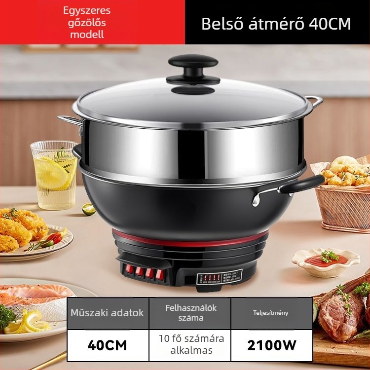 Elektronikus wok tapadásmentes bevonattal, vastagított vasból készült edény, egyben főzés, gőzölés és párolás