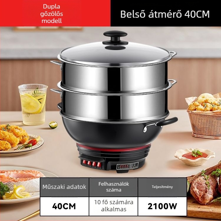 Elektronikus wok tapadásmentes bevonattal, vastagított vasból készült edény, egyben főzés, gőzölés és párolás