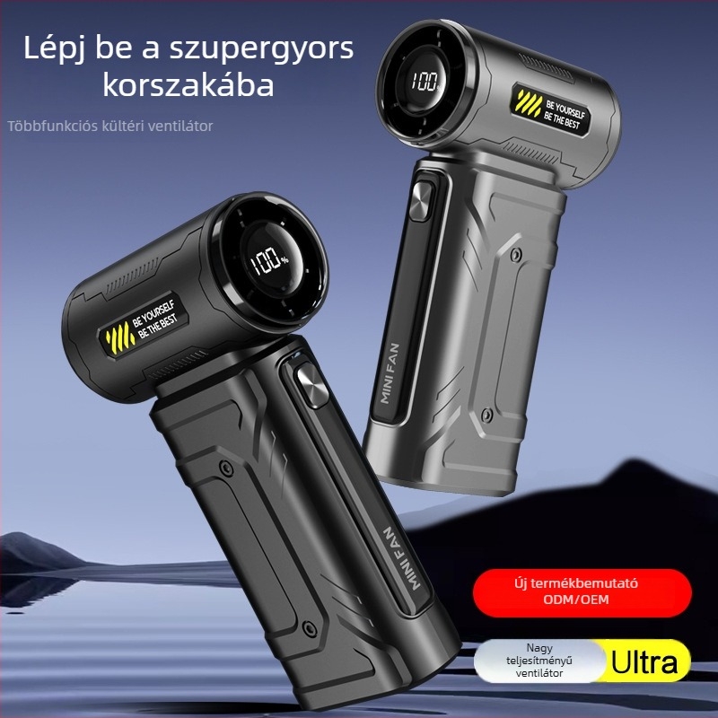 Kézben tartható USB-s lapátok nélküli ventilátor beépített 4000–6000 mAh-s akkumulátorral, 5 sebesség, brushless motor, zaj < 36 dB