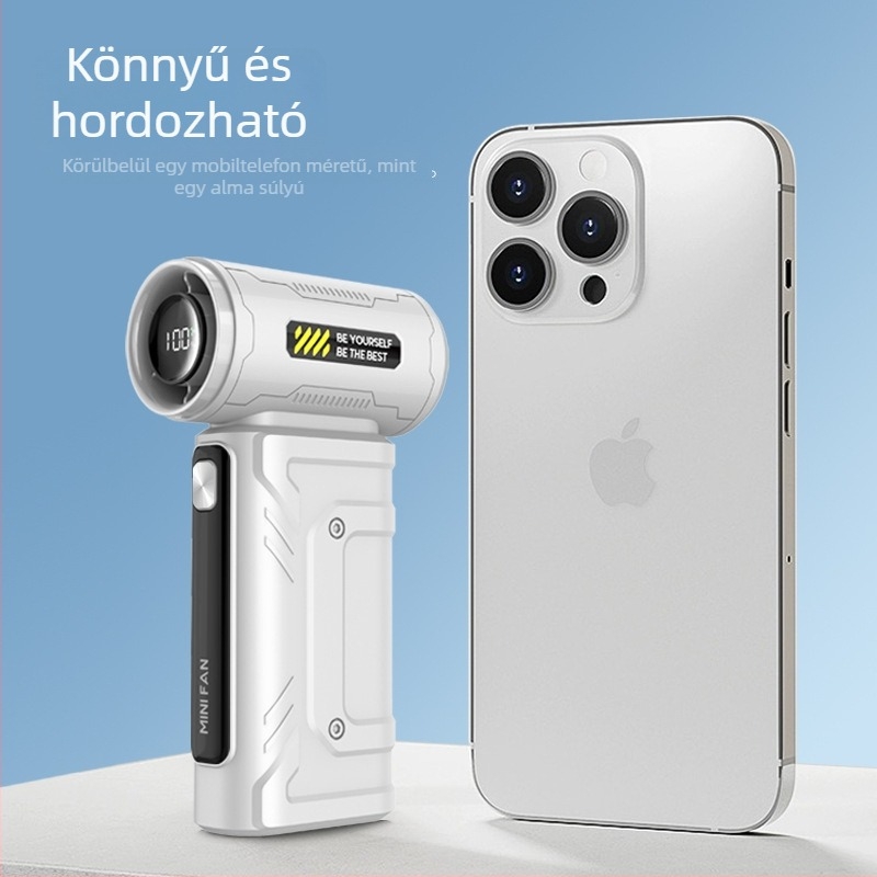 Kézben tartható USB-s lapátok nélküli ventilátor beépített 4000–6000 mAh-s akkumulátorral, 5 sebesség, brushless motor, zaj < 36 dB