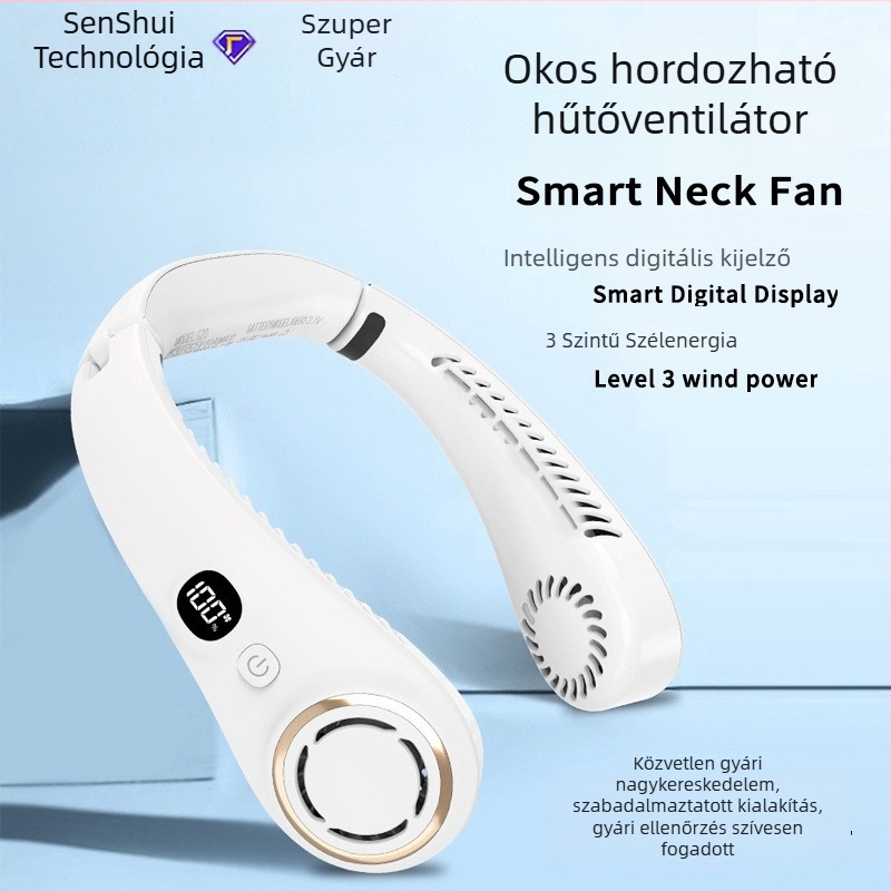 Nyakba akasztható USB ventilátor, 3 sebesség, halk működés (36–45 dB), 3.7V 5W, levehető 1200–2000 mAh akkumulátor