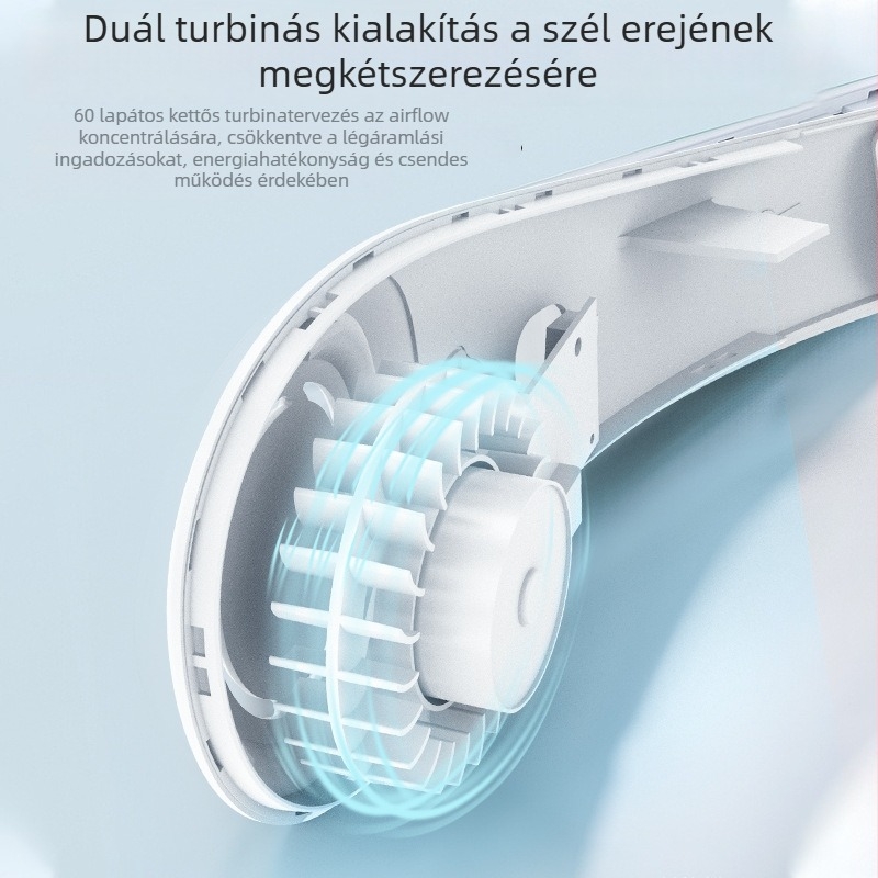 Nyakba akasztható USB ventilátor, 3 sebesség, halk működés (36–45 dB), 3.7V 5W, levehető 1200–2000 mAh akkumulátor