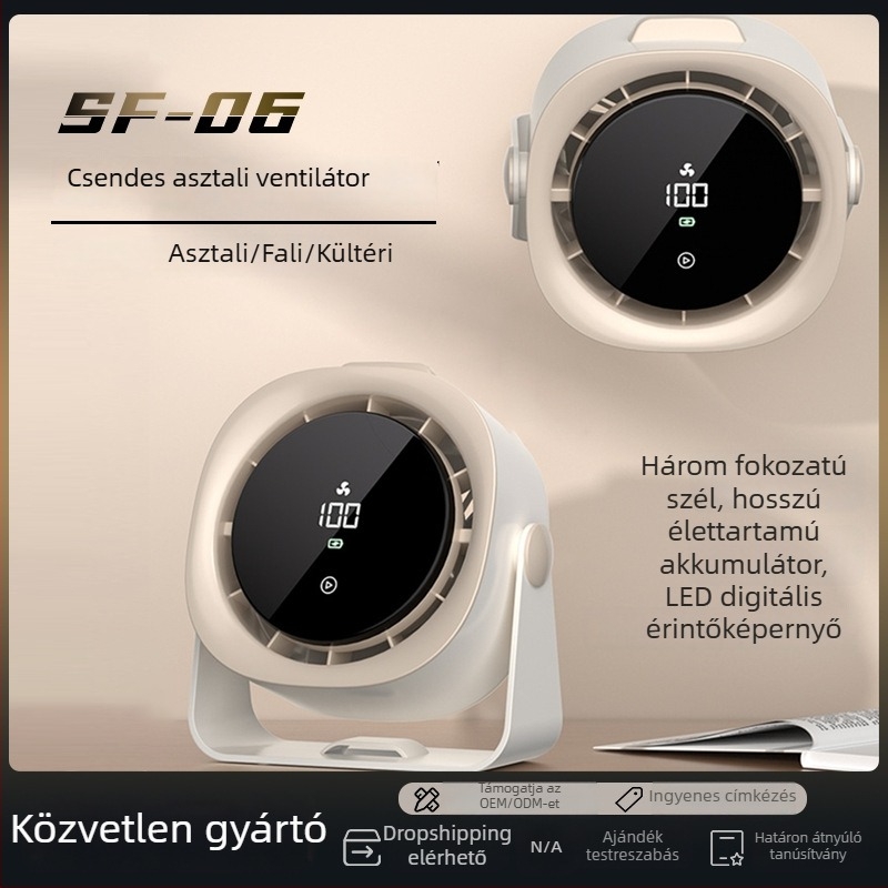 USB-s lapát nélküli asztali ventilátor LED kijelzővel, érintéses vezérléssel, 4000–6000 mAh-s újratölthető akkumulátorral, hordozható, 3 sebesség