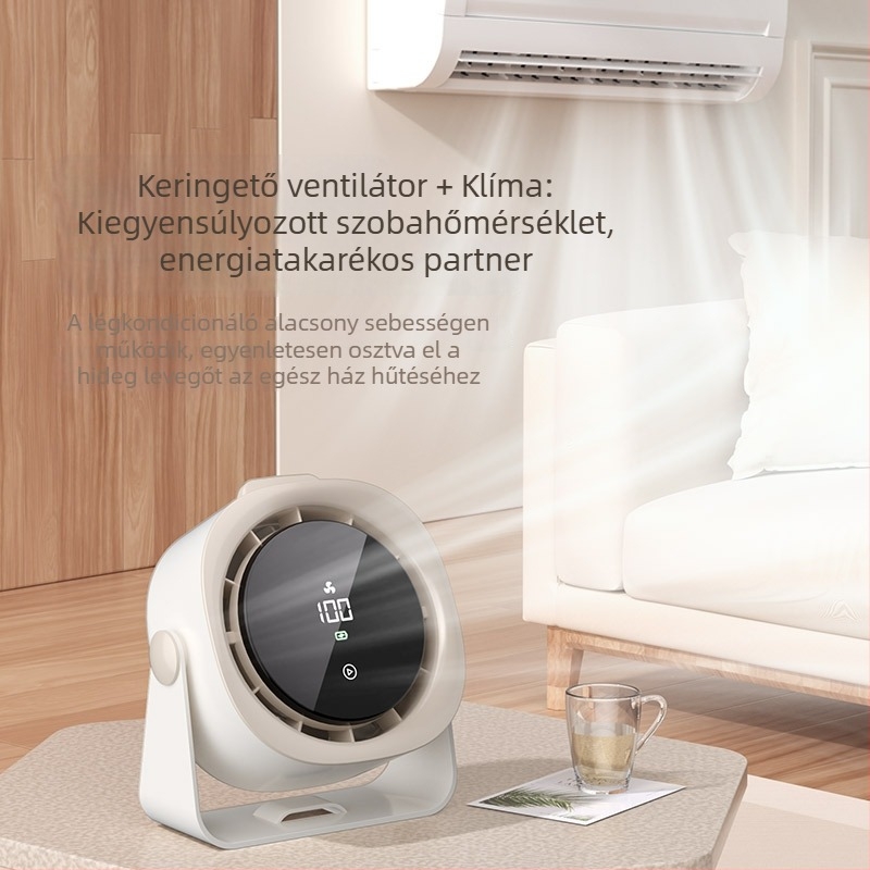 USB-s lapát nélküli asztali ventilátor LED kijelzővel, érintéses vezérléssel, 4000–6000 mAh-s újratölthető akkumulátorral, hordozható, 3 sebesség