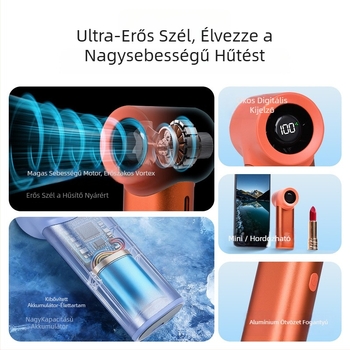 Kézben tartható fém ventilátor, USB töltés, digitális kijelző, 5 sebesség, brushless motor