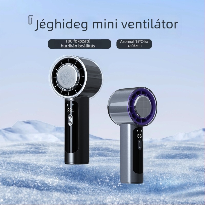 Kézi, lapát nélküli ventilátor USB-töltéssel és termoszelektív hűtéssel, kompakt méret 145×59×55 mm, tömeg 251 g, beépített akkumulátor 2000–4000 mAh, 3 sebességfokozat, halk működés
