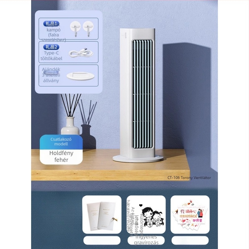 Fali felületre szerelt lapát nélküli USB ventilátor kivehető 300–500 mAh akkumulátorral, 3 sebességi lehetőség, 3–6 órás üzemidő, zaj < 36 dB