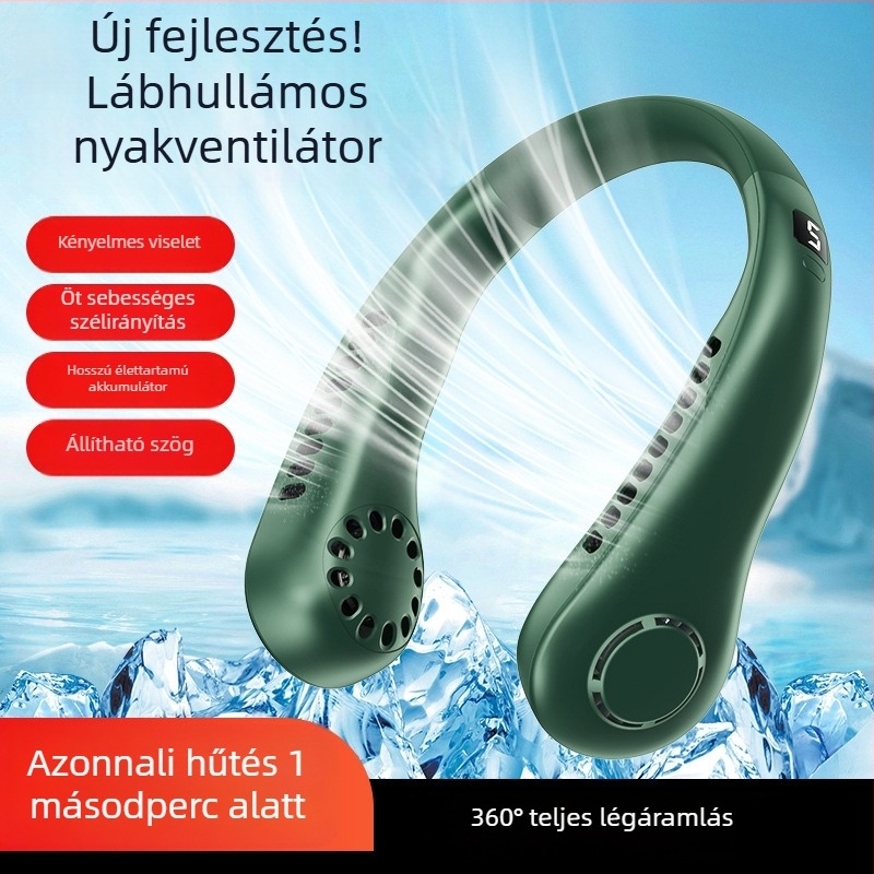 USB-s nyakban viselhető ventilátor digitális kijelzővel, 5 sebesség, beépített 1200-2000 mAh akkumulátor, zaj < 36 dB, 5V/5W, 6+ pengével