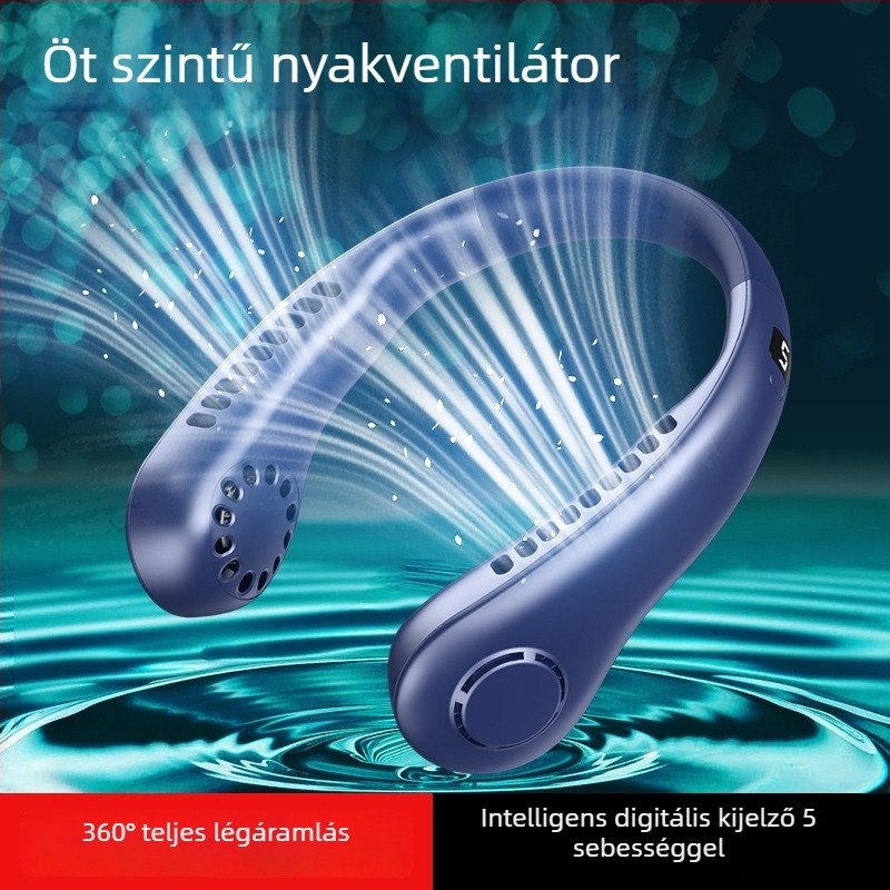 USB-s nyakban viselhető ventilátor digitális kijelzővel, 5 sebesség, beépített 1200-2000 mAh akkumulátor, zaj < 36 dB, 5V/5W, 6+ pengével
