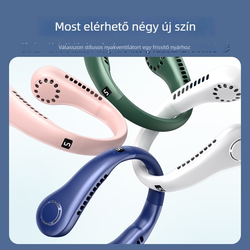 USB-s nyakban viselhető ventilátor digitális kijelzővel, 5 sebesség, beépített 1200-2000 mAh akkumulátor, zaj < 36 dB, 5V/5W, 6+ pengével