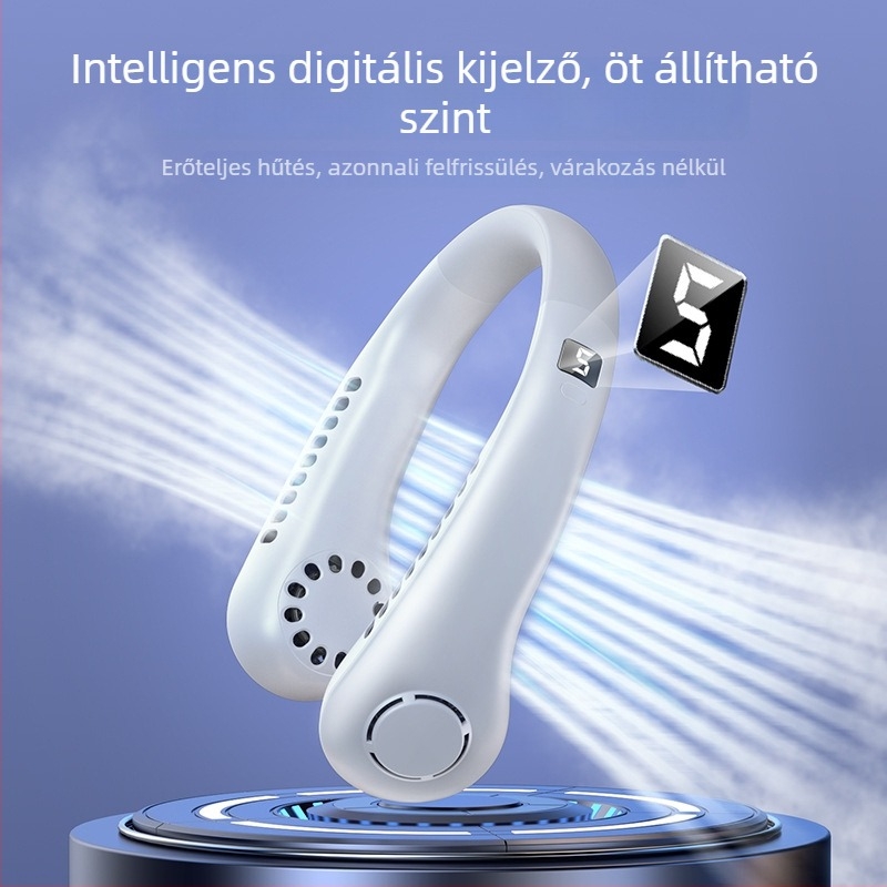 USB-s nyakban viselhető ventilátor digitális kijelzővel, 5 sebesség, beépített 1200-2000 mAh akkumulátor, zaj < 36 dB, 5V/5W, 6+ pengével