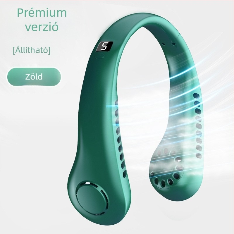 USB-s nyakban viselhető ventilátor digitális kijelzővel, 5 sebesség, beépített 1200-2000 mAh akkumulátor, zaj < 36 dB, 5V/5W, 6+ pengével