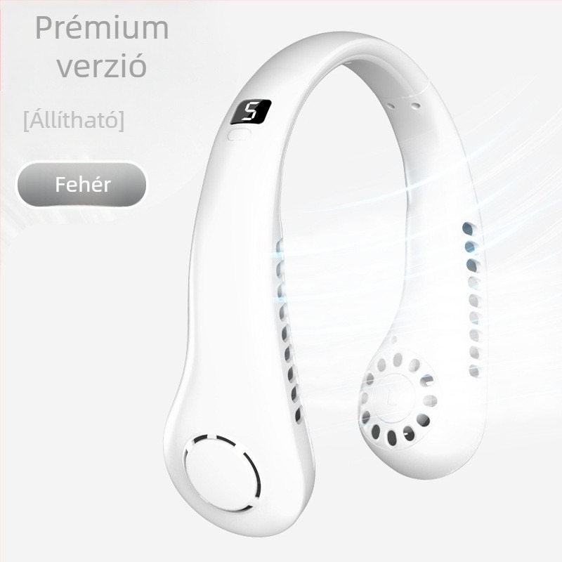 USB-s nyakban viselhető ventilátor digitális kijelzővel, 5 sebesség, beépített 1200-2000 mAh akkumulátor, zaj < 36 dB, 5V/5W, 6+ pengével