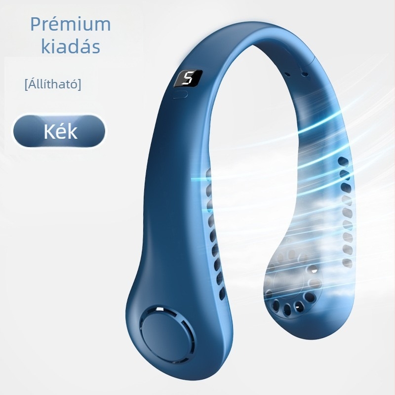 USB-s nyakban viselhető ventilátor digitális kijelzővel, 5 sebesség, beépített 1200-2000 mAh akkumulátor, zaj < 36 dB, 5V/5W, 6+ pengével