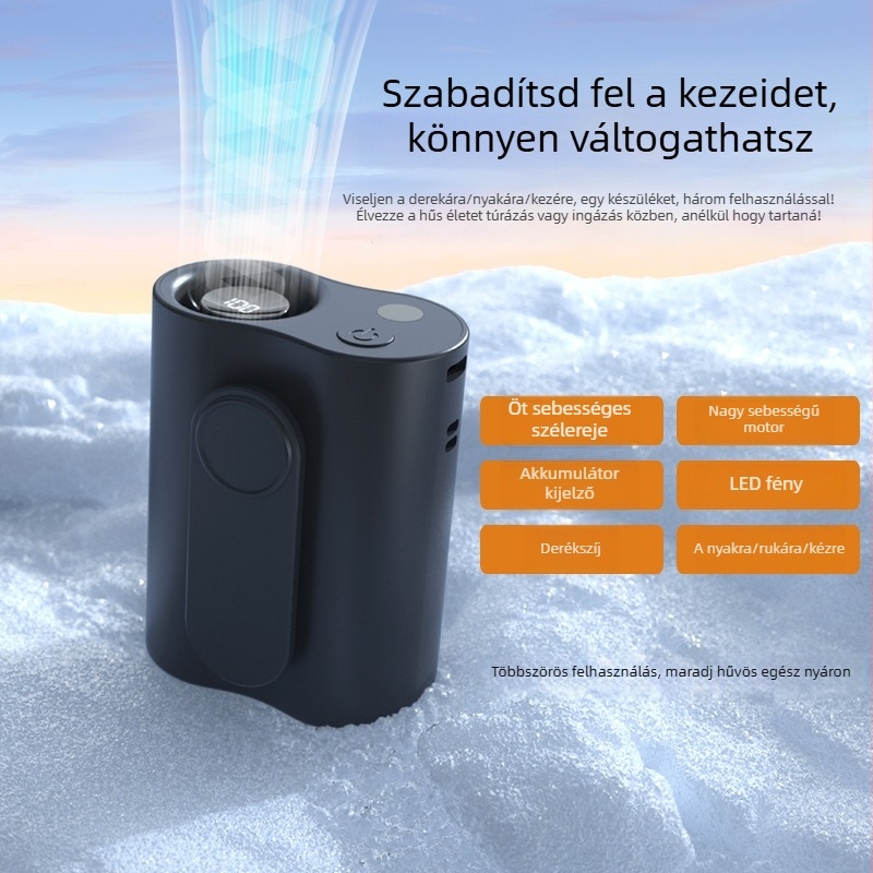 3 az 1-ben derék-/nyak-/kézben tartható ventilátor beépített 2000–4000 mAh akkumulátorral, 5 sebességfokozattal, USB táplálás, brushless motor, zaj <36 dB