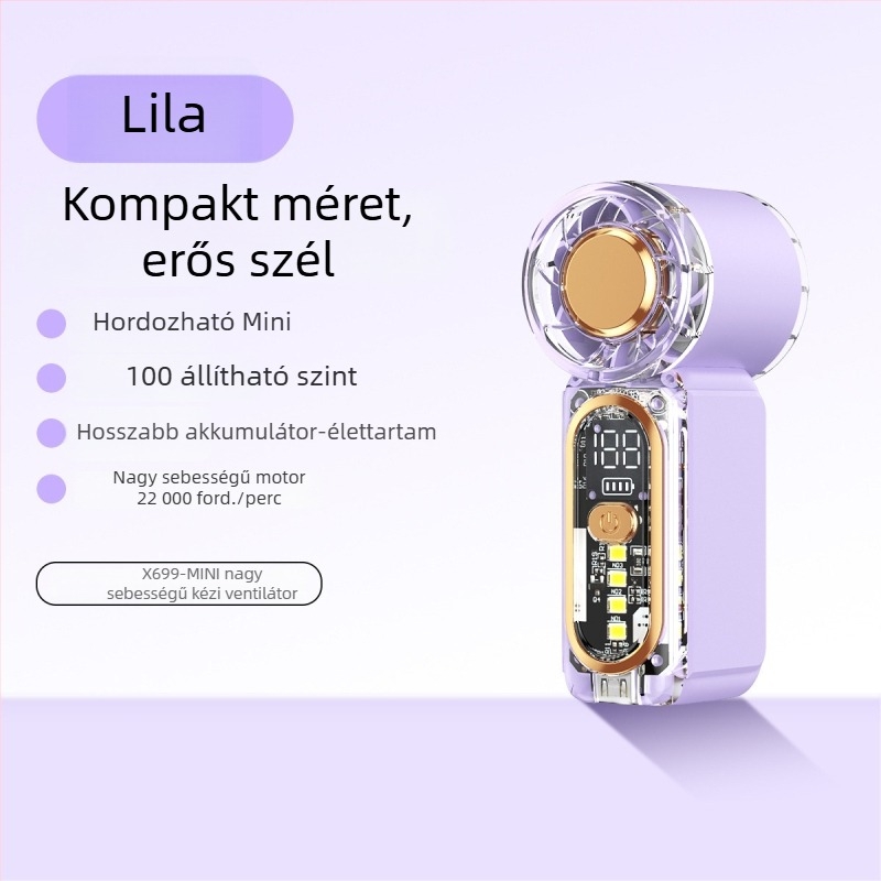 X699 Nagy sebességű mini kézi ventilátor USB töltéssel, beépített akkumulátor, 5 fokozat, hordozható kültéri használatra