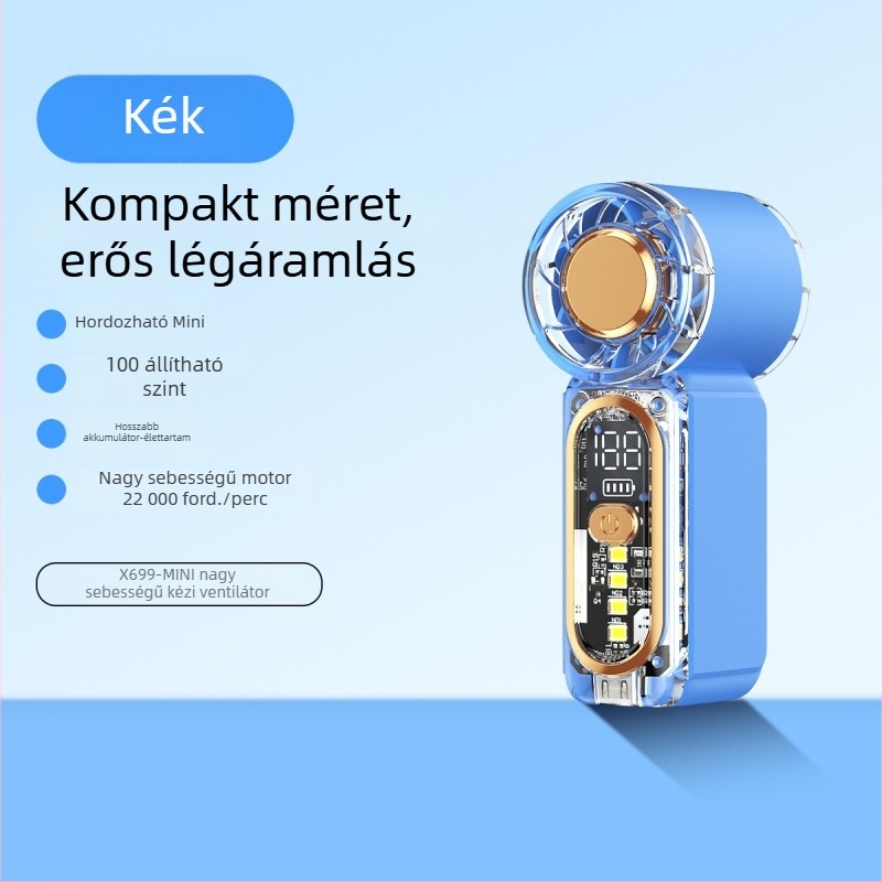 X699 Nagy sebességű mini kézi ventilátor USB töltéssel, beépített akkumulátor, 5 fokozat, hordozható kültéri használatra