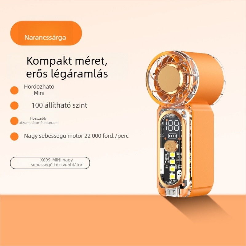 X699 Nagy sebességű mini kézi ventilátor USB töltéssel, beépített akkumulátor, 5 fokozat, hordozható kültéri használatra