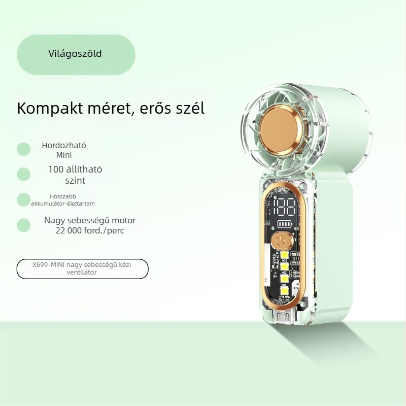 X699 Nagy sebességű mini kézi ventilátor USB töltéssel, beépített akkumulátor, 5 fokozat, hordozható kültéri használatra