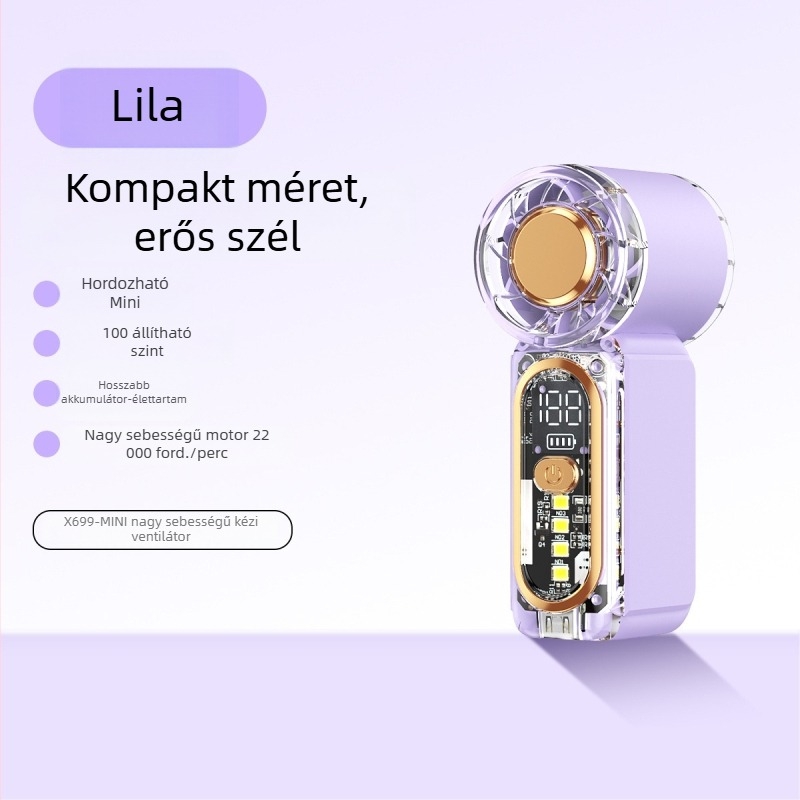 X699 Nagy sebességű mini kézi ventilátor USB töltéssel, beépített akkumulátor, 5 fokozat, hordozható kültéri használatra